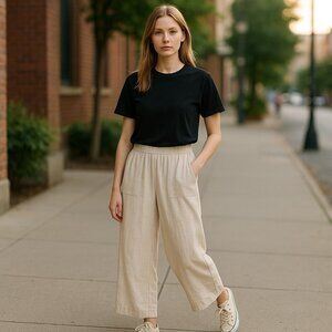 Aaron & Amber Relaxed Comfy Pants Light Beige Rayon/Linen Blend